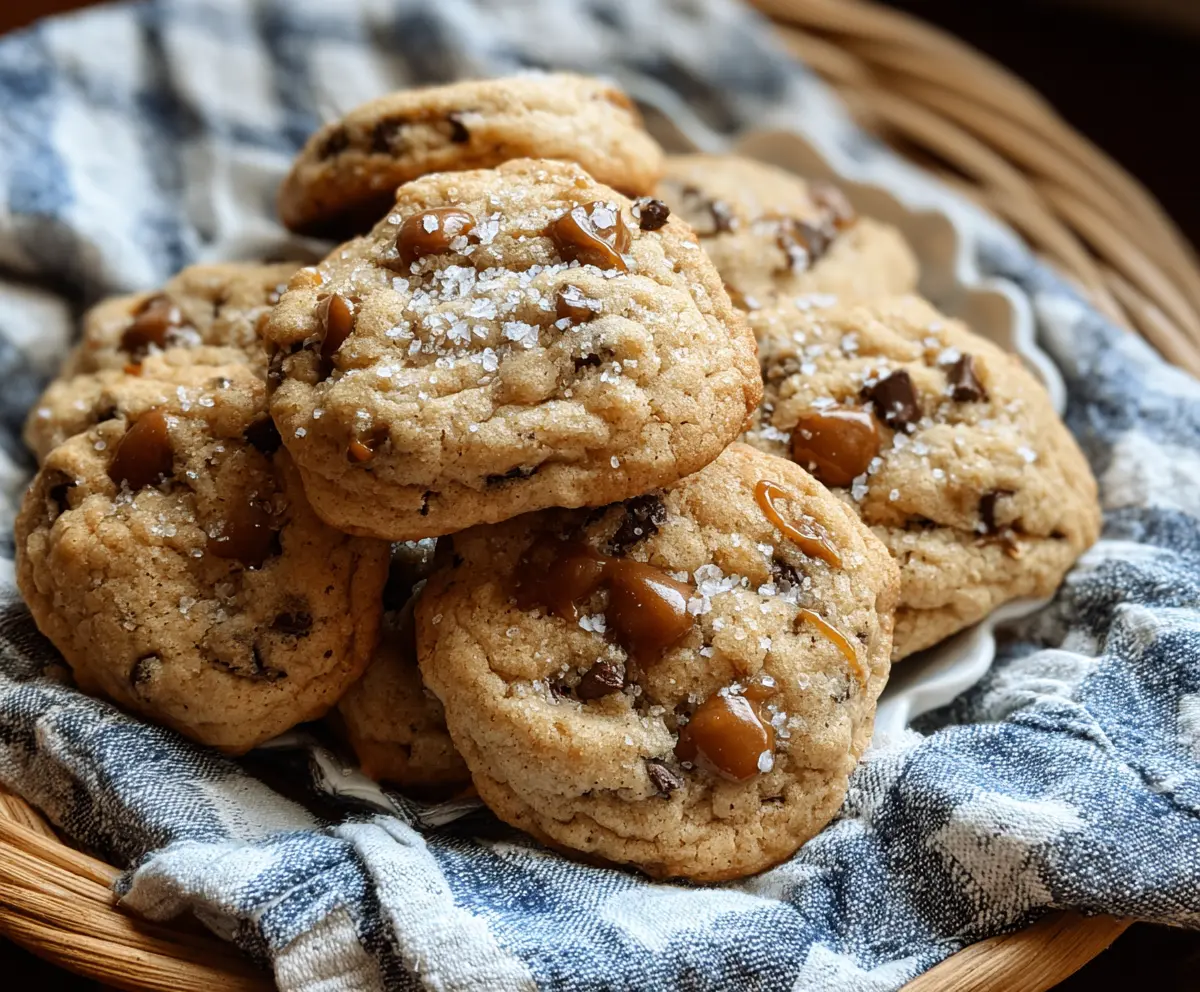 Delicious salted caramel sourdough discard cookies with a golden-brown crust and gooey caramel filling.