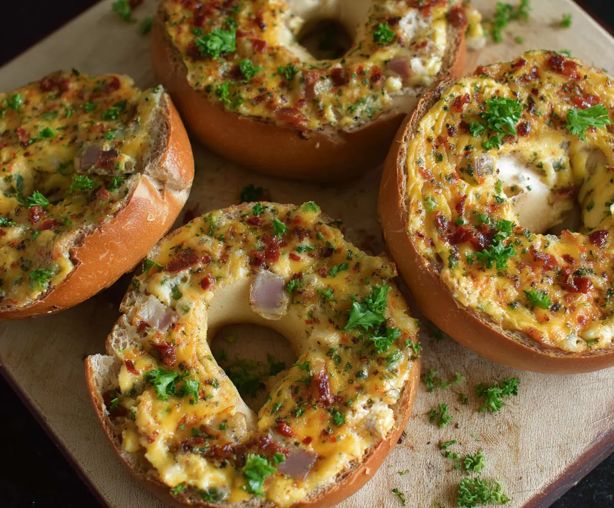 Delicious savory quiche stuffed bagels with golden crust and creamy filling, perfect for breakfast or brunch.