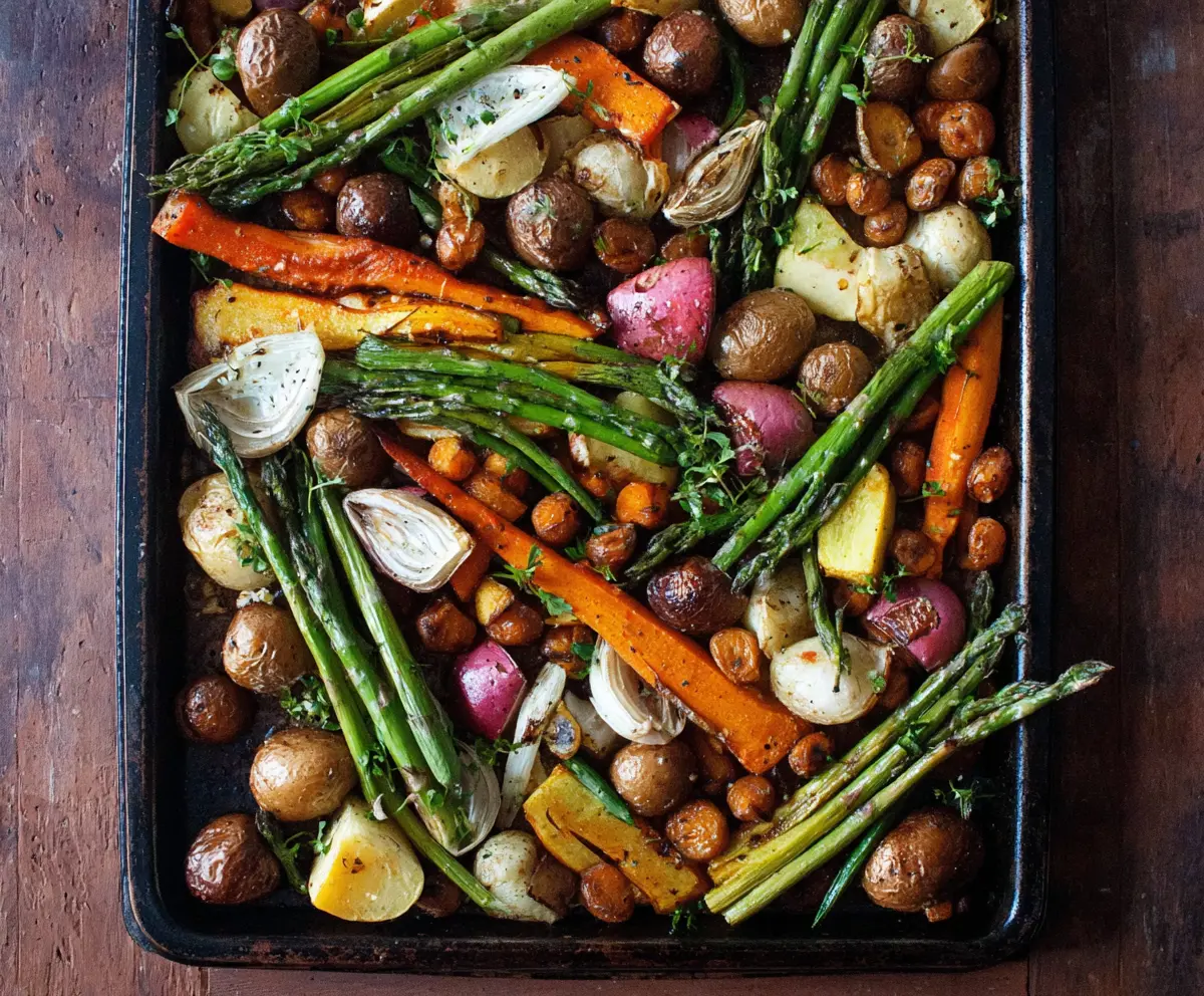 Colorful sheet pan spring vegetables with fresh asparagus, cherry tomatoes, and bell peppers ready for roasting.