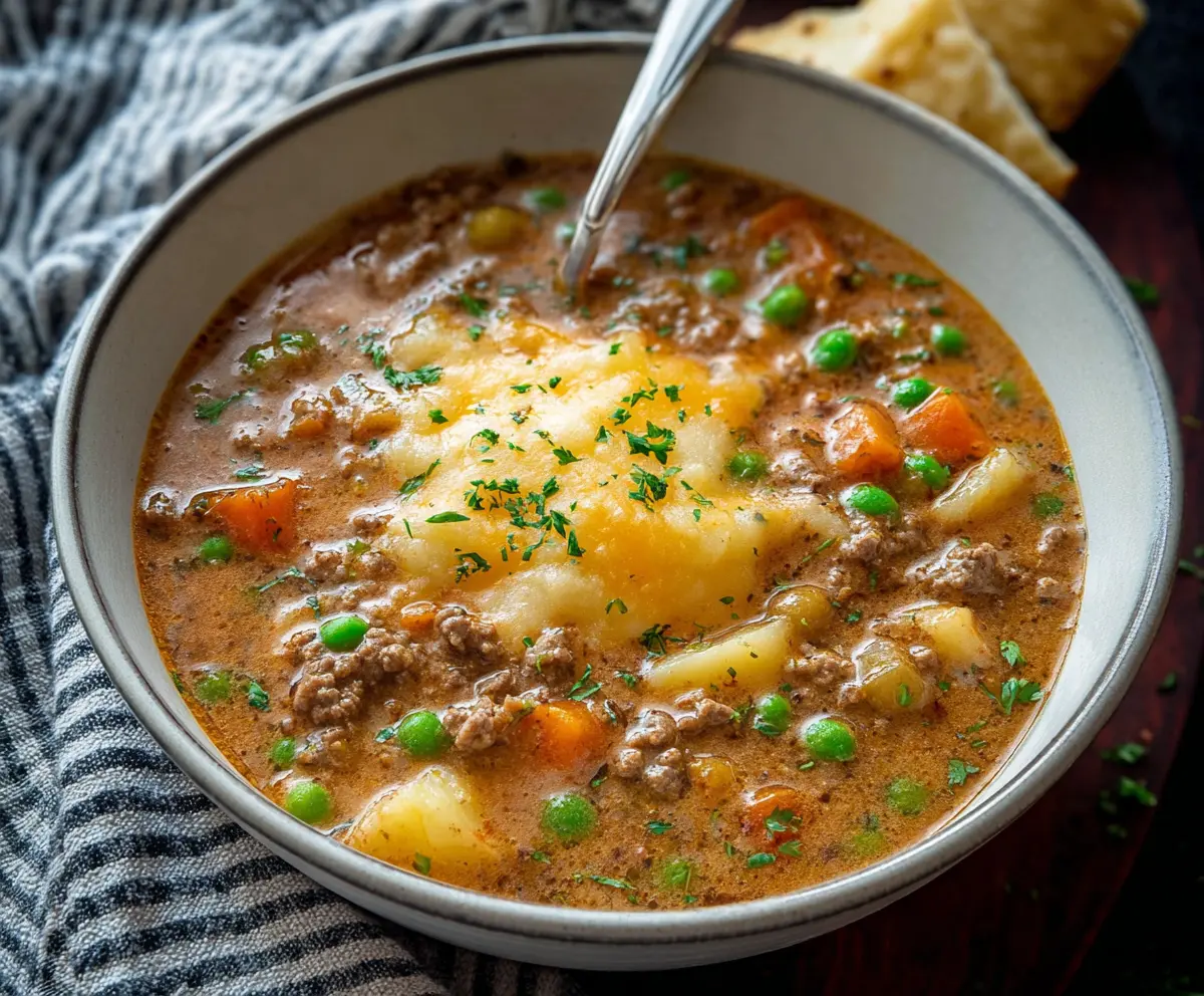 Hearty Shepherd's Pie Soup with ground beef, vegetables, and mashed potato topping in a bowl.