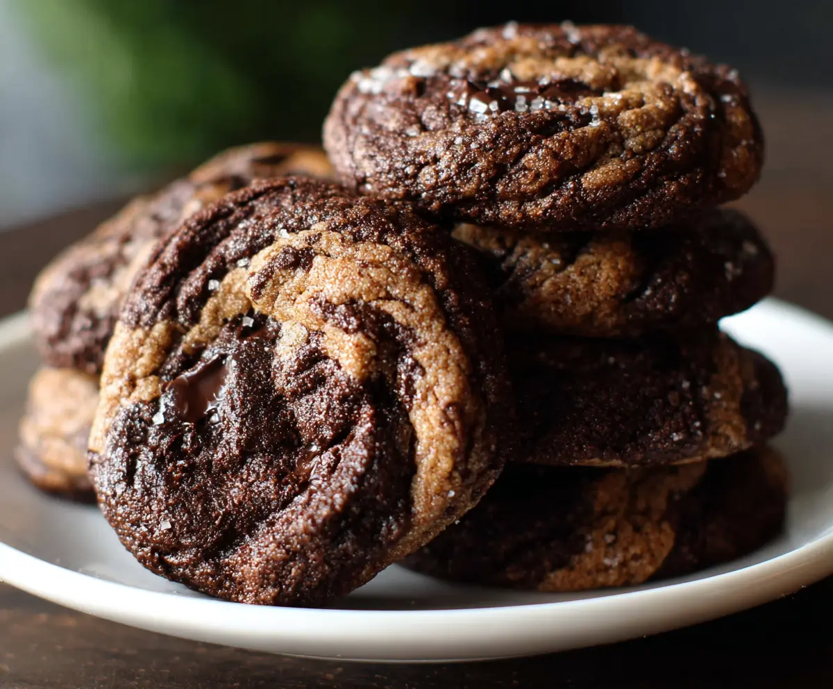 Delicious sourdough chocolate peanut butter swirl cookies on a baking sheet