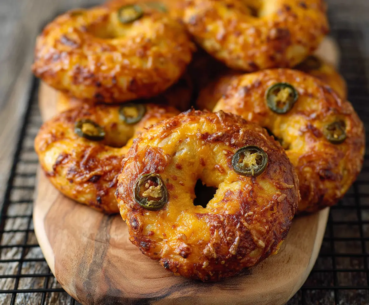 Delicious spicy jalapeño cheddar bagels with melted cheese and fresh jalapeños.