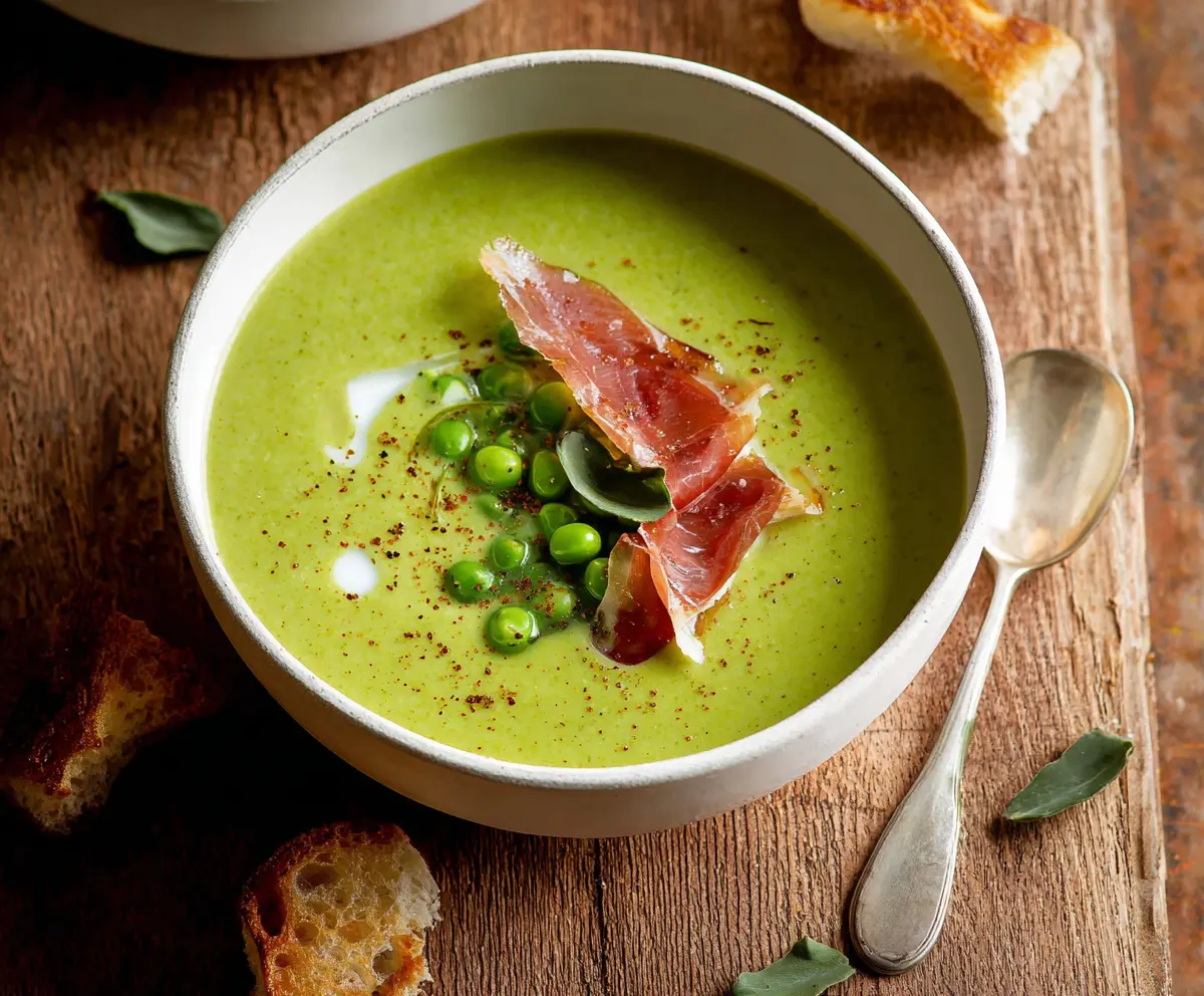 Creamy spring pea soup garnished with crispy prosciutto slices and fresh herbs.