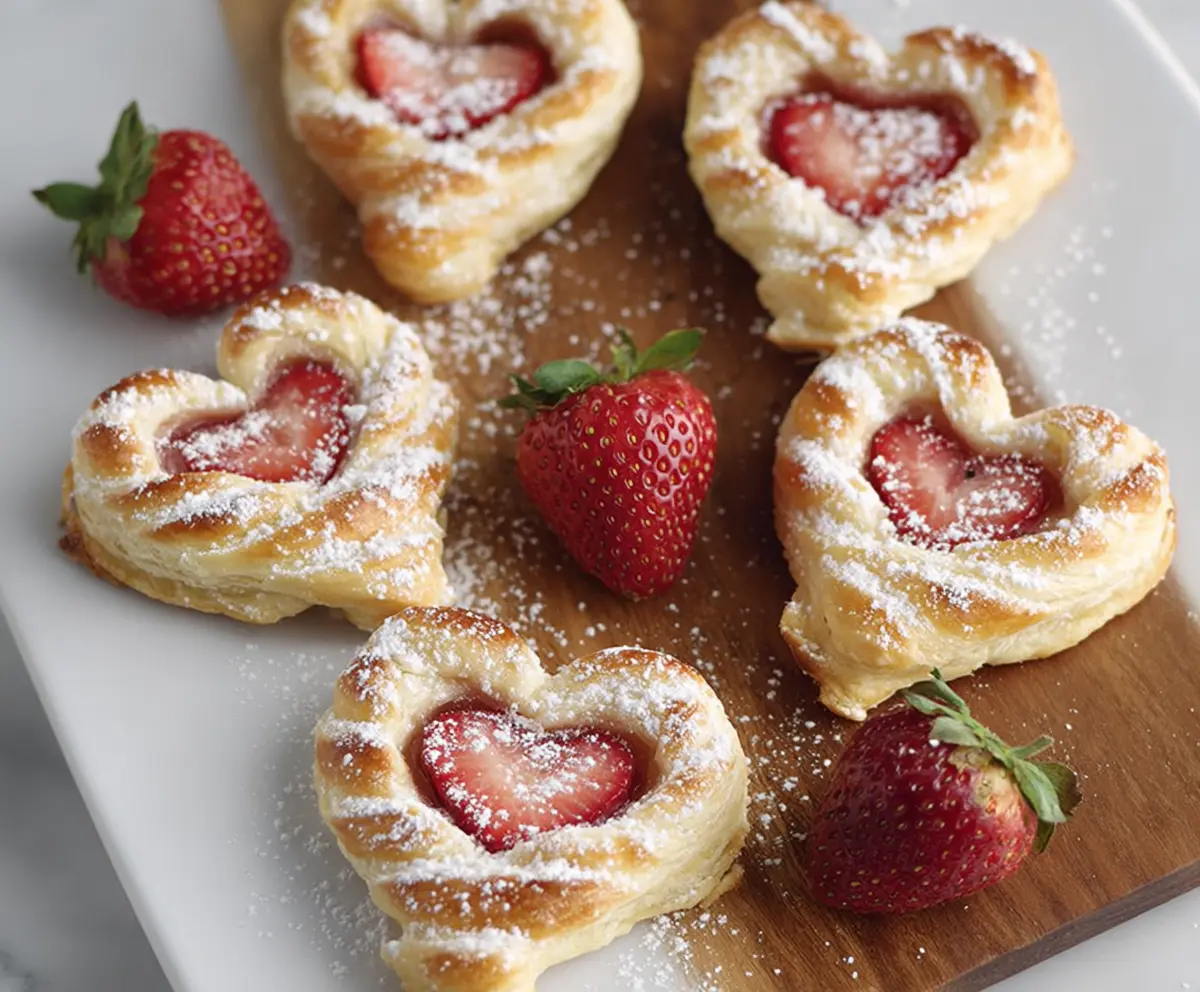 Delicious strawberry Danish hearts with a flaky pastry crust and fresh strawberry filling, perfect for breakfast or brunch.