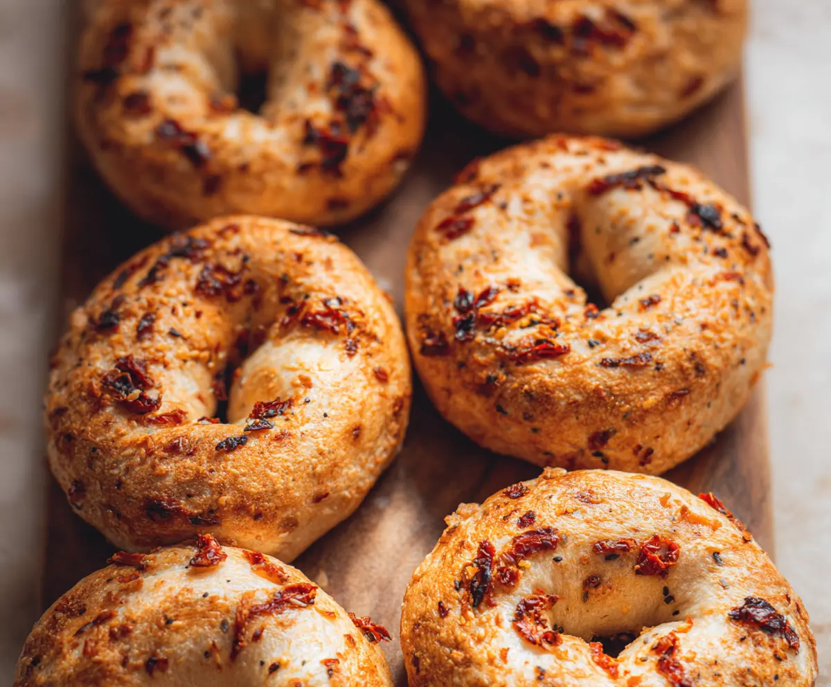 Sun-Dried Tomato Sourdough Bagels on a rustic wooden board, showcasing golden crust and chewy interior.