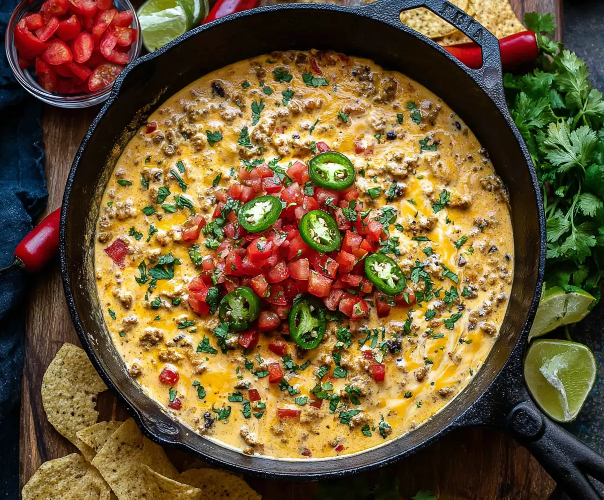 Creamy Cowboy Queso Dip served with tortilla chips, perfect for parties and gatherings.