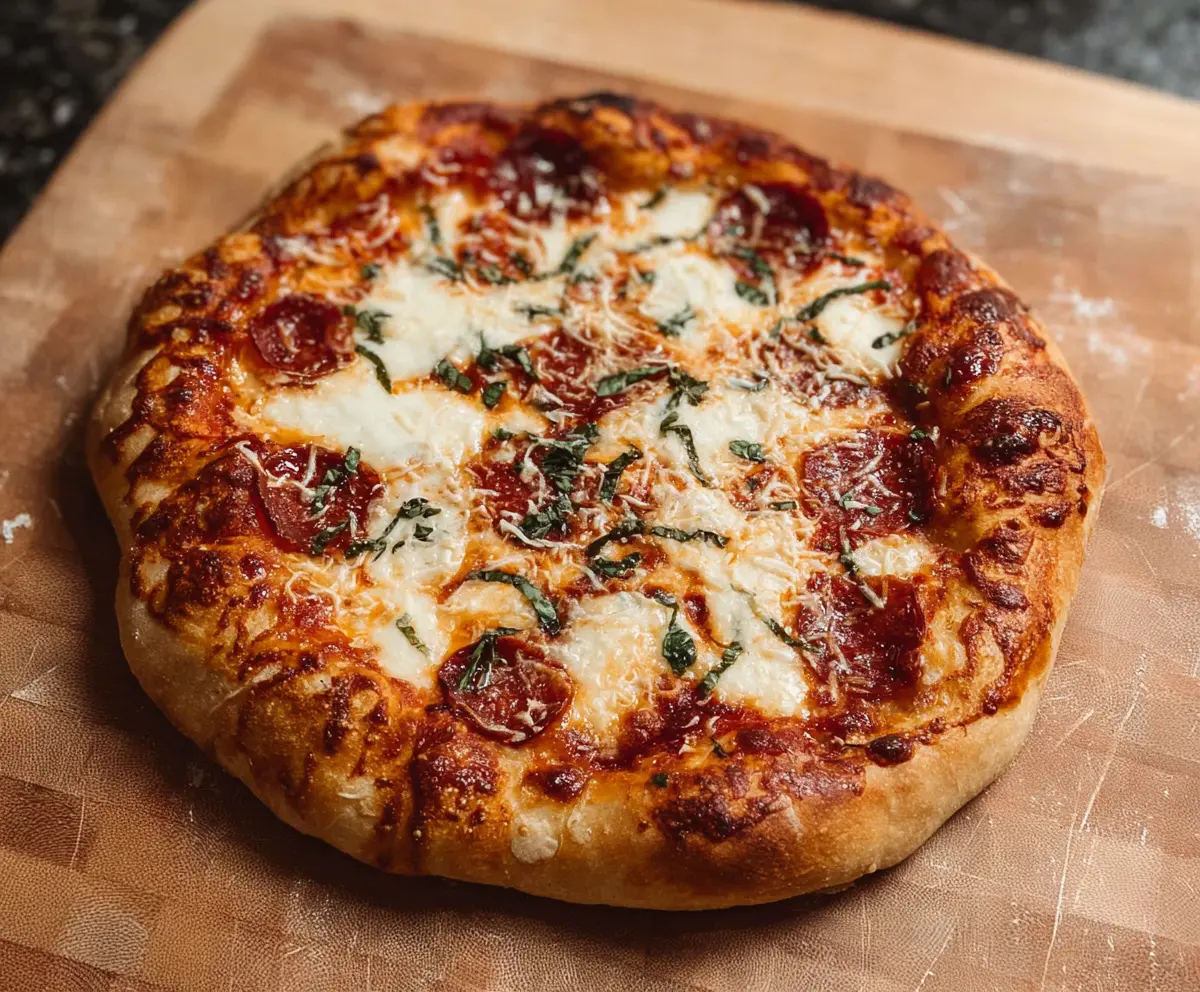 Golden homemade sourdough pizza crust fresh out of the oven with a crispy texture and bubbly edges.