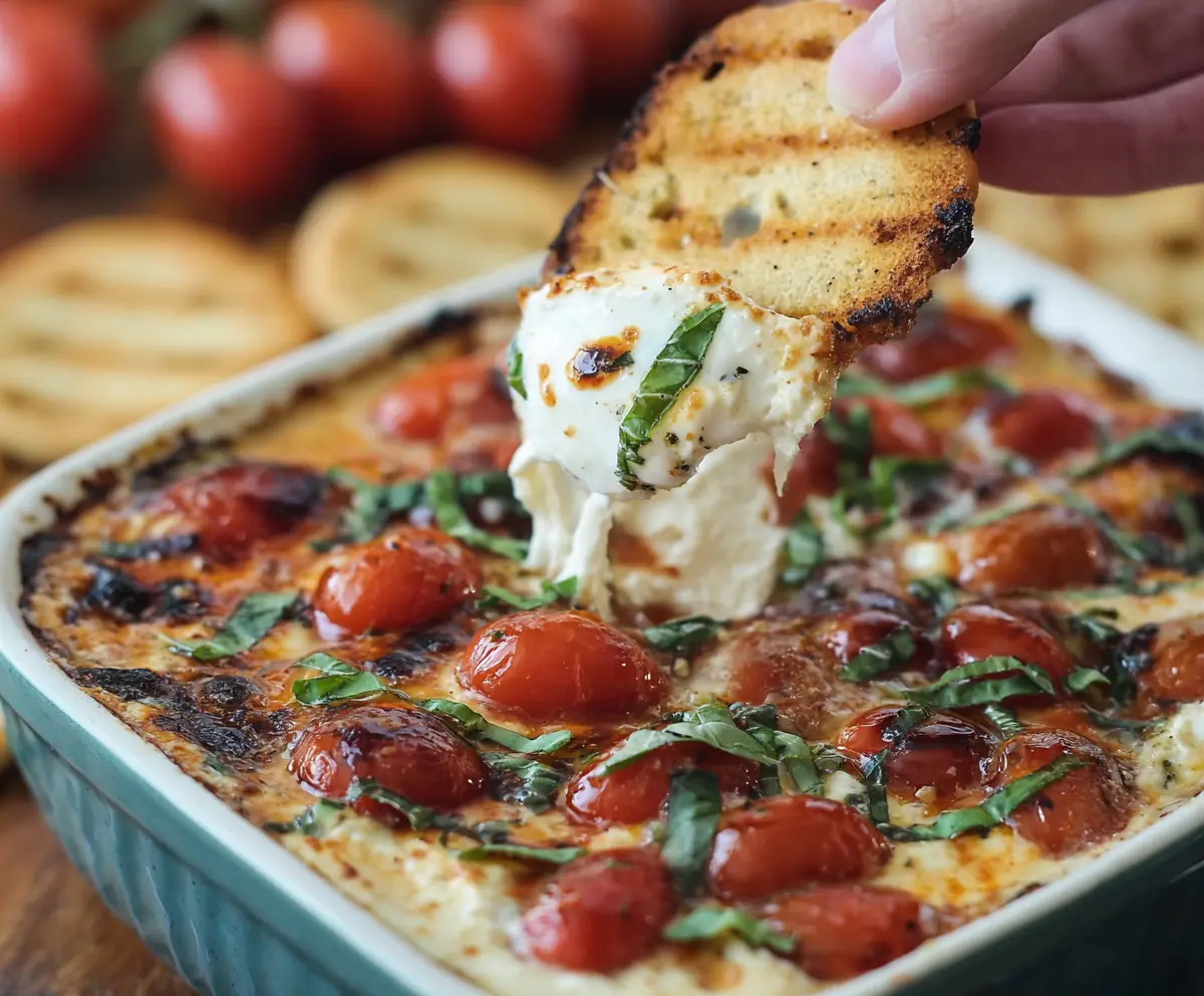 Creamy Tomato Mozzarella Caprese Dip garnished with fresh basil on a white plate.