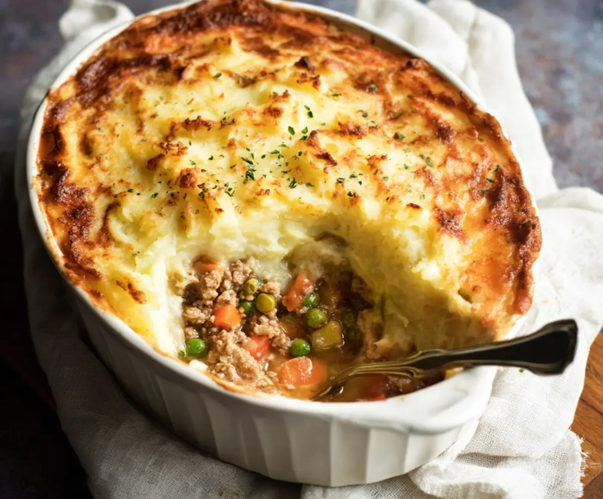 Delicious homemade Turkey Shepherd's Pie with mashed potato topping and seasoned turkey filling.