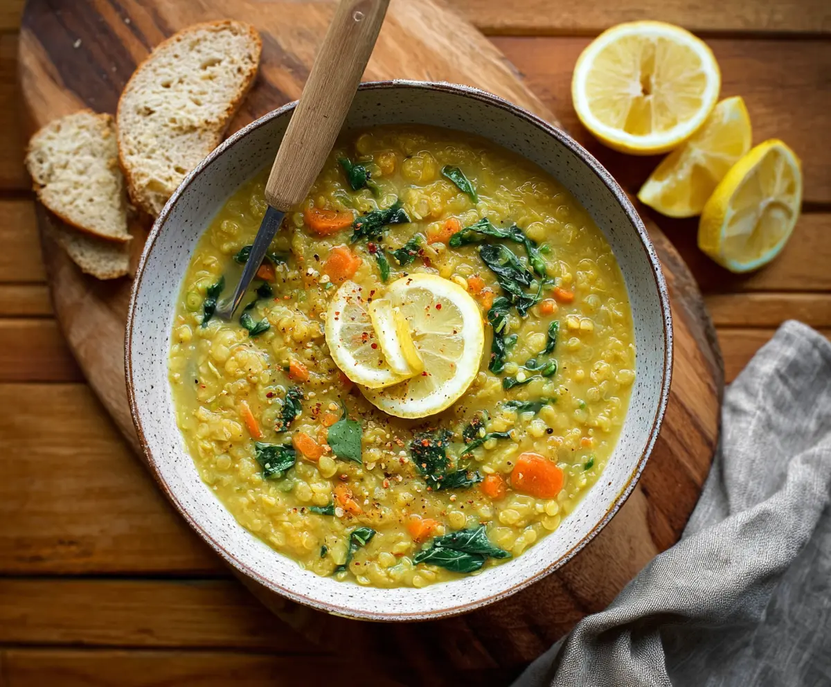 Delicious vegan lemon lentil soup garnished with fresh herbs and turmeric, perfect for healthy eating.