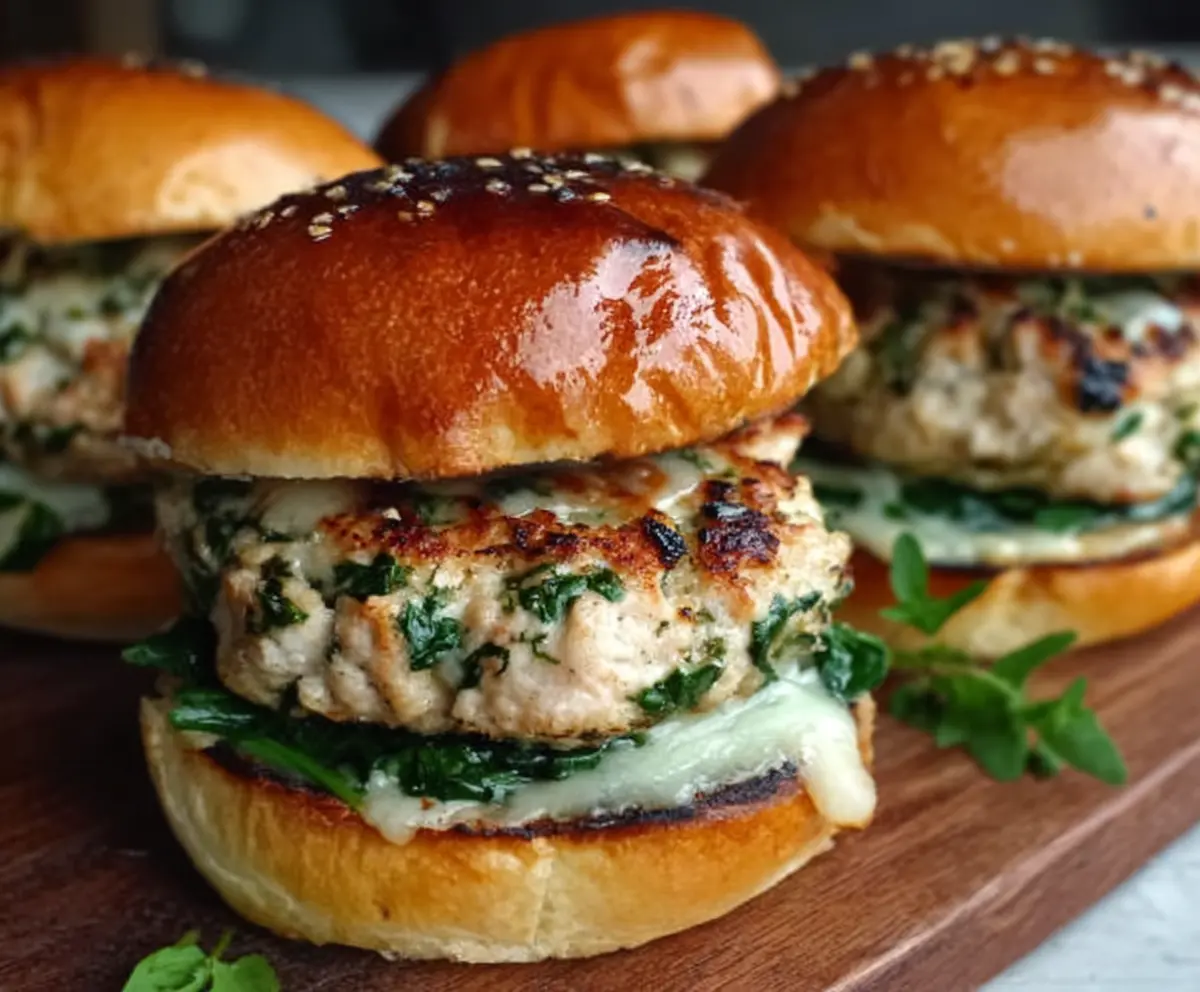 Juicy white cheddar spinach chicken burgers served with fresh vegetables on a plate.