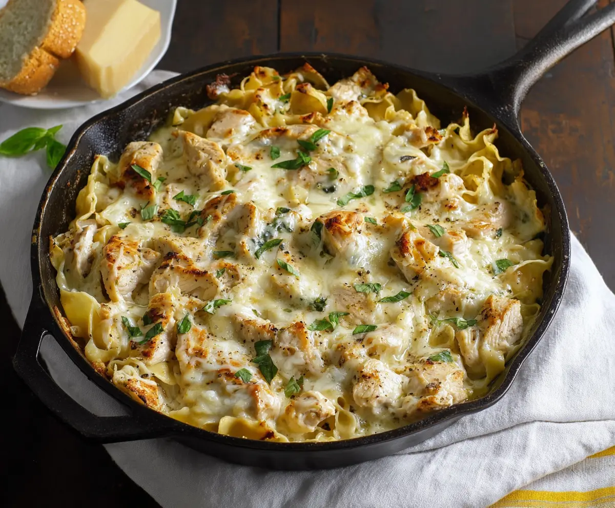 Creamy white chicken skillet lasagna topped with melted cheese and fresh herbs.