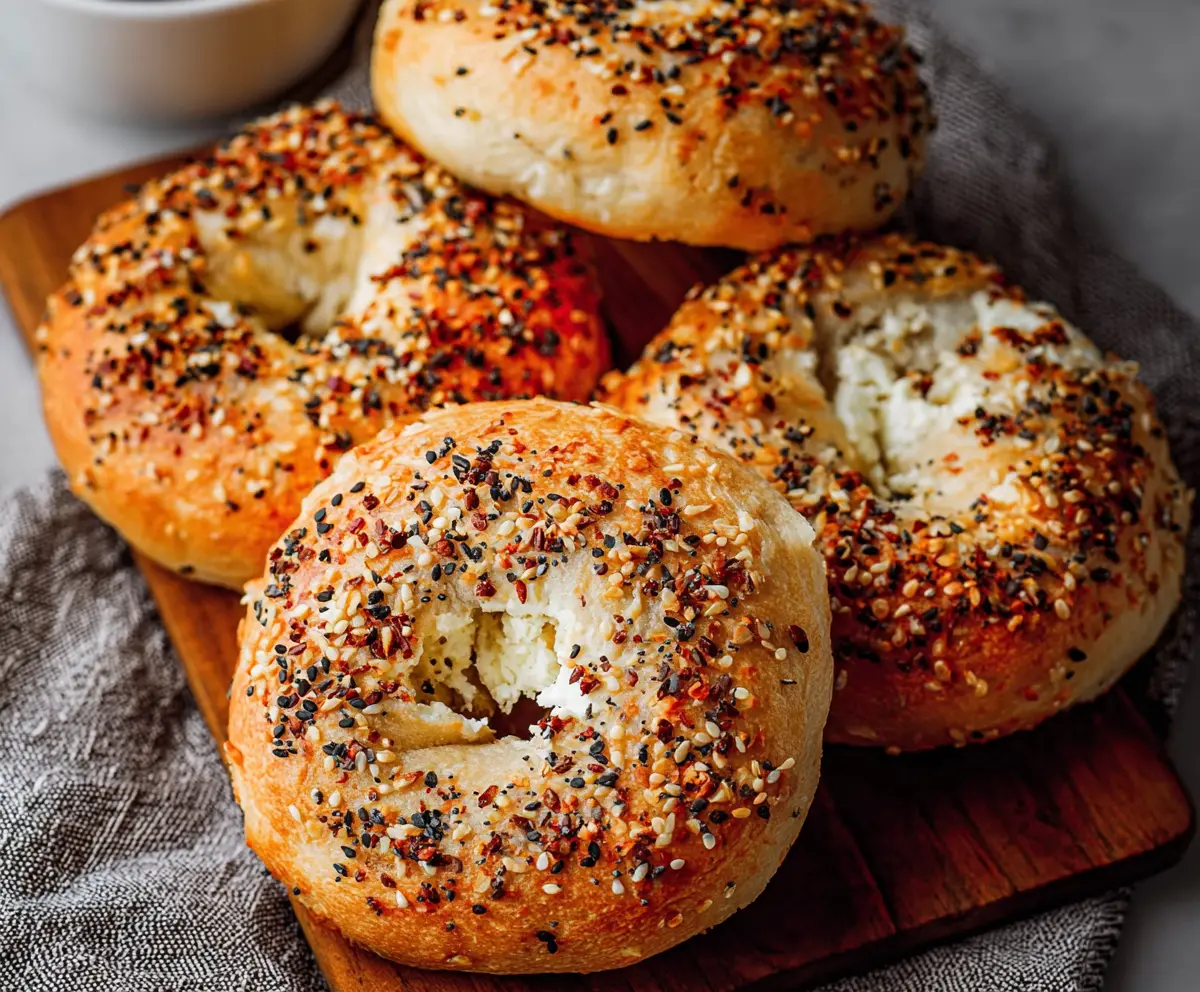 Delicious homemade 3 ingredient cottage cheese bagels made in an air fryer on a white plate.