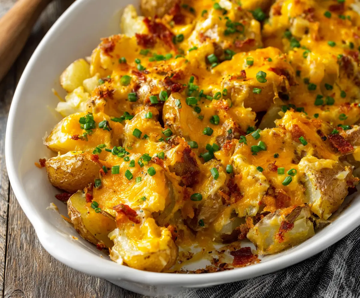 Golden baked cheddar ranch potatoes topped with melted cheese and herbs