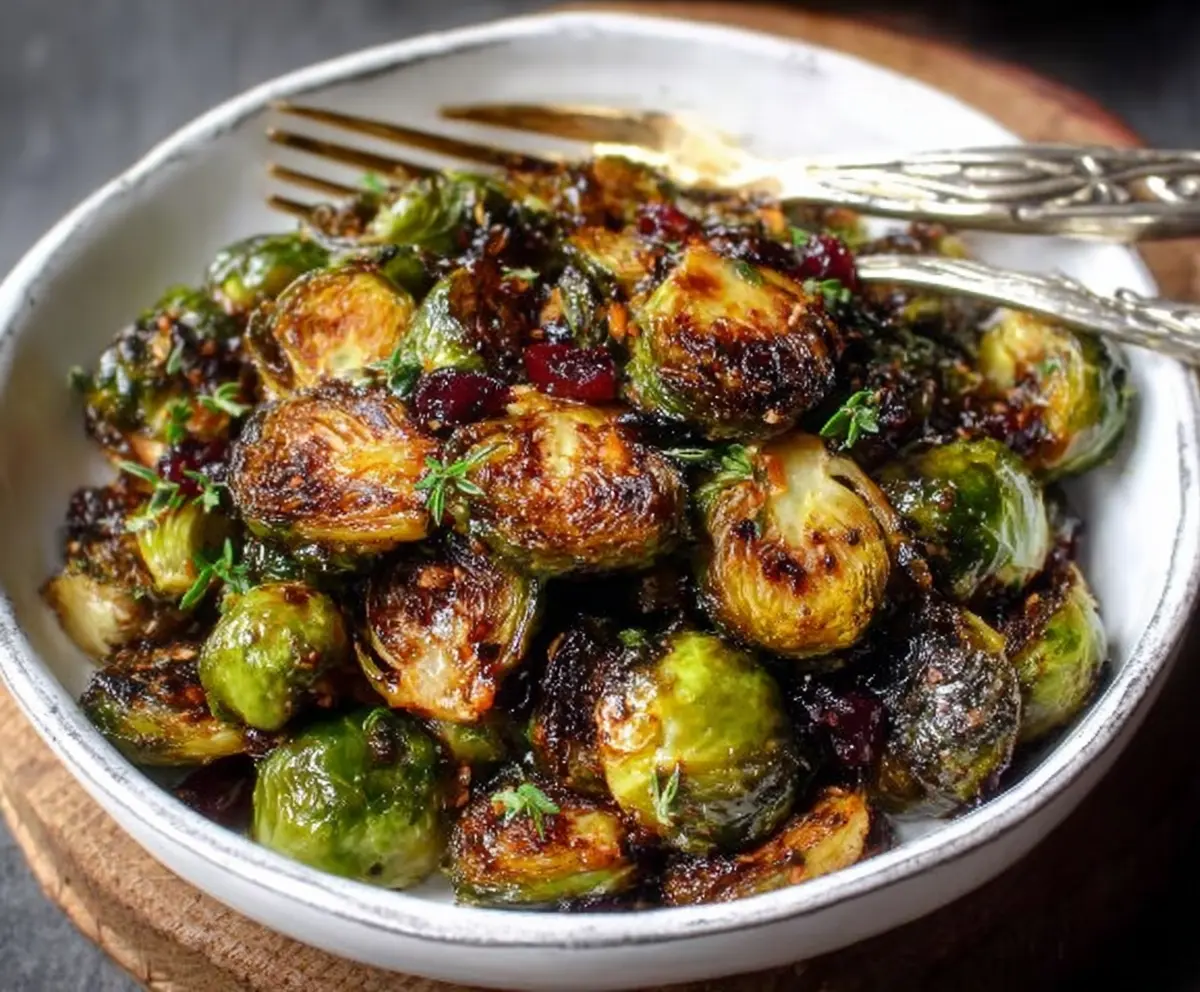 Delicious roasted Brussels sprouts drizzled with balsamic glaze, perfect for a healthy side dish.