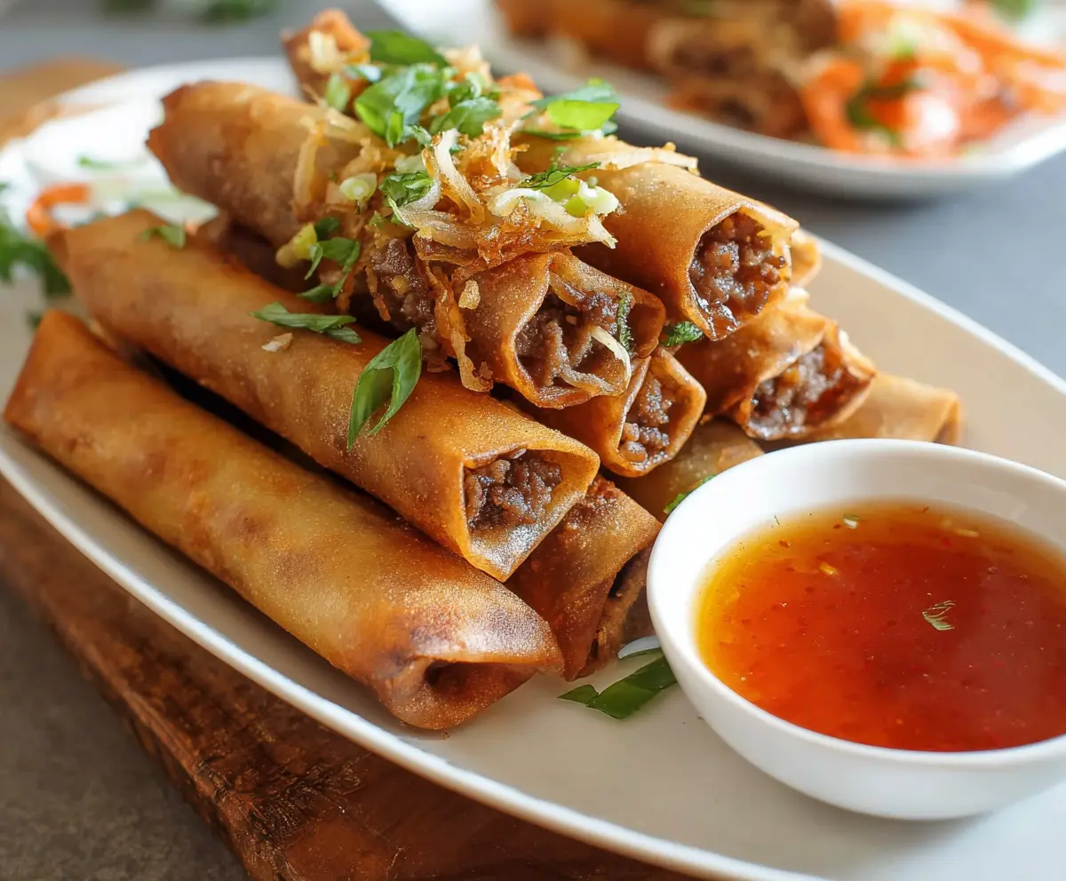 Crispy Beef Lumpia rolls served with dipping sauce on a plate