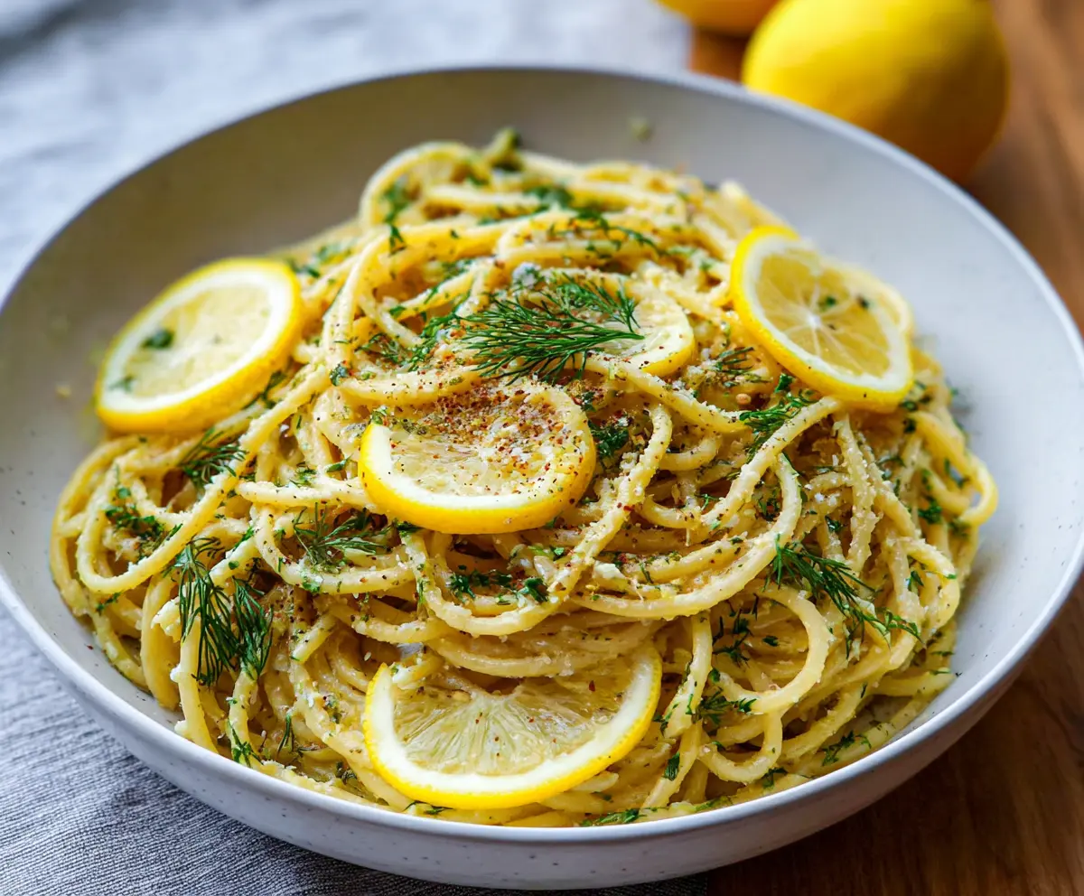 Delicious browned butter lemon dill pasta served in a white bowl, garnished with fresh herbs and lemon slices.