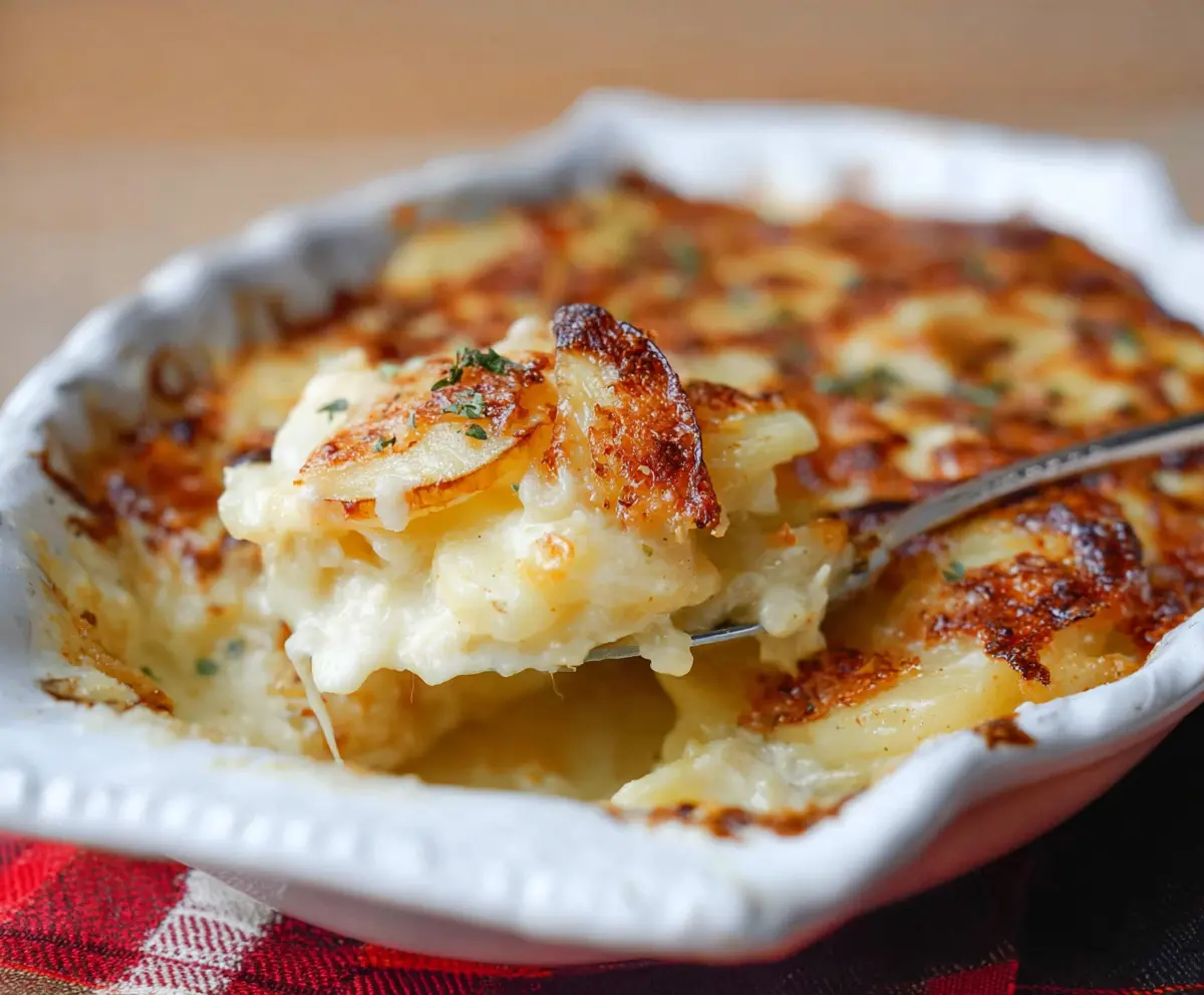 Delicious Cheesy Delmonico Potatoes Casserole with melted cheese and crispy edges, perfect for family dinner.