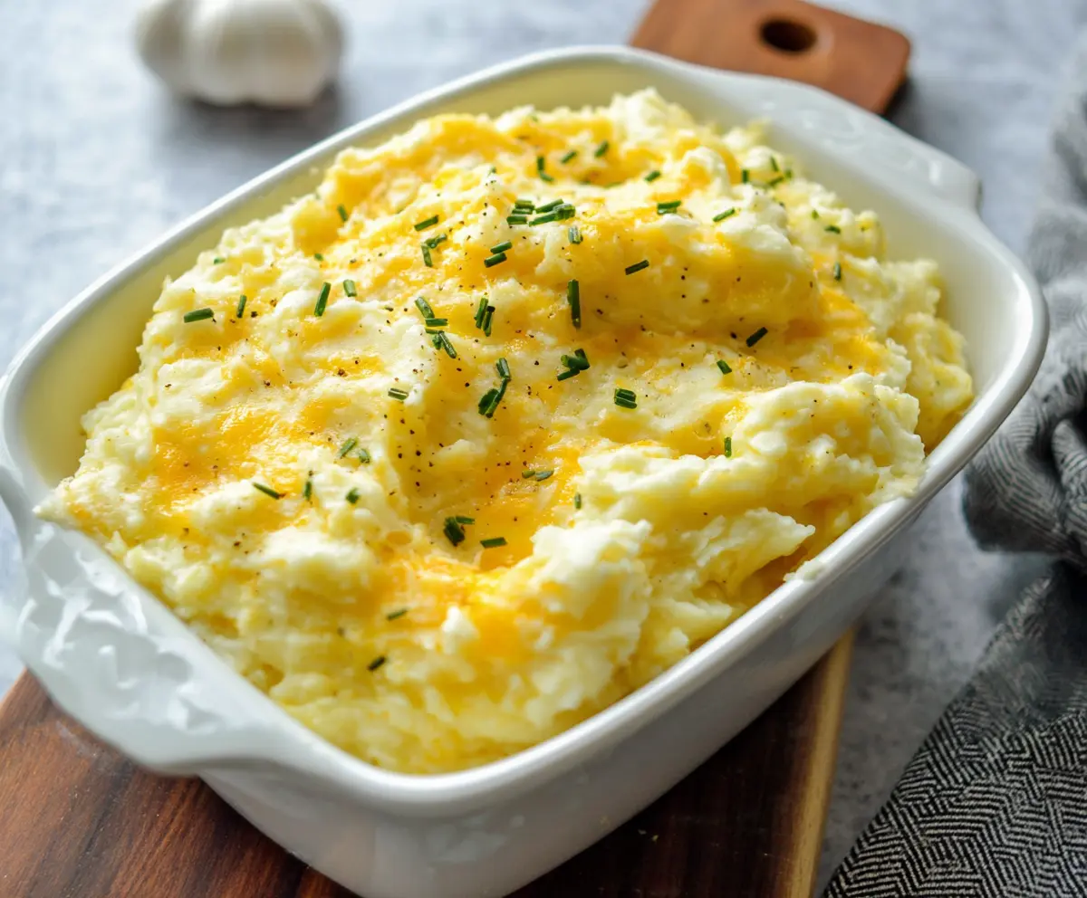 Creamy cheesy garlic mashed potatoes served as a flavorful side dish