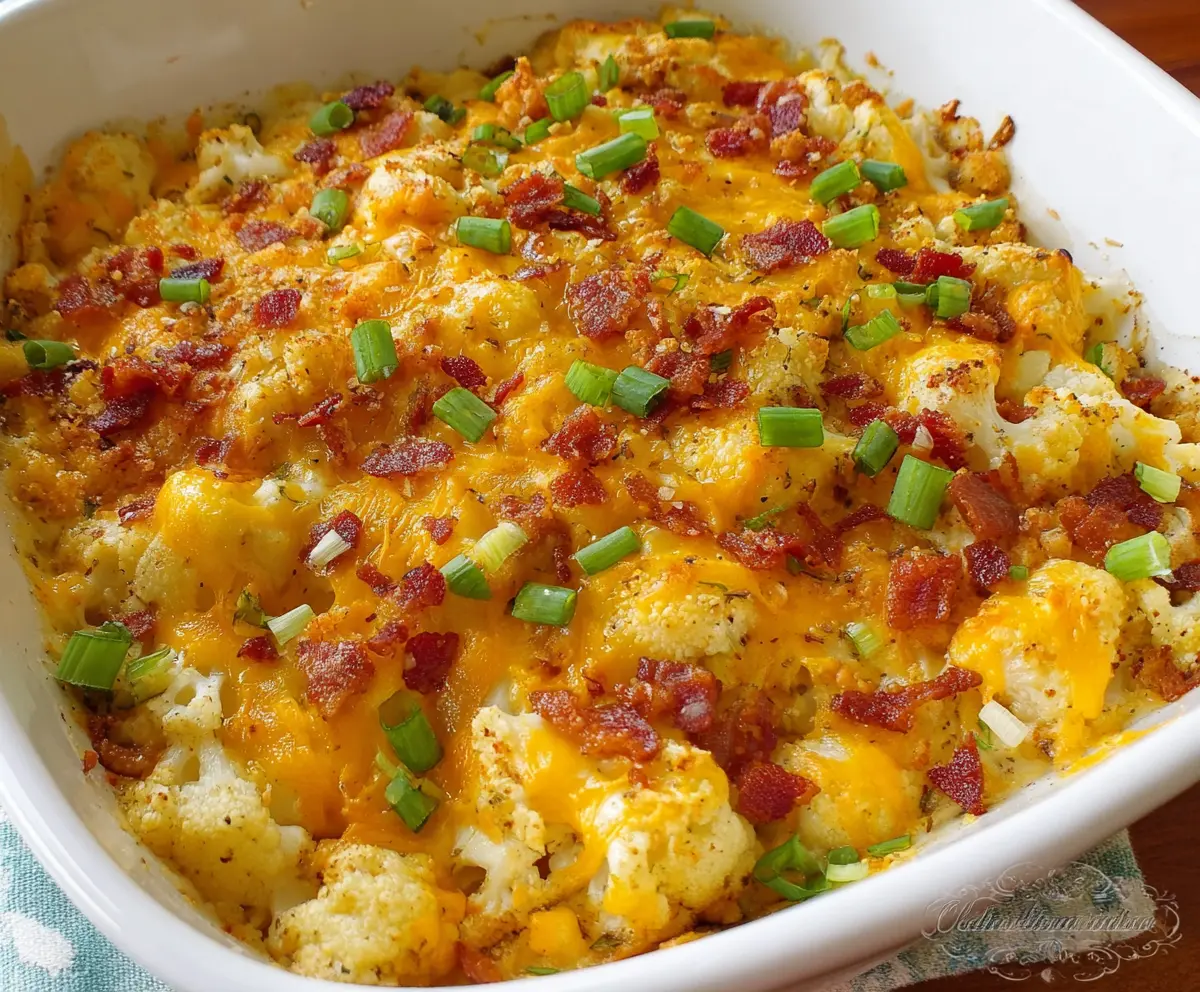 Delicious cheesy loaded cauliflower casserole topped with melted cheese and crispy bacon pieces.