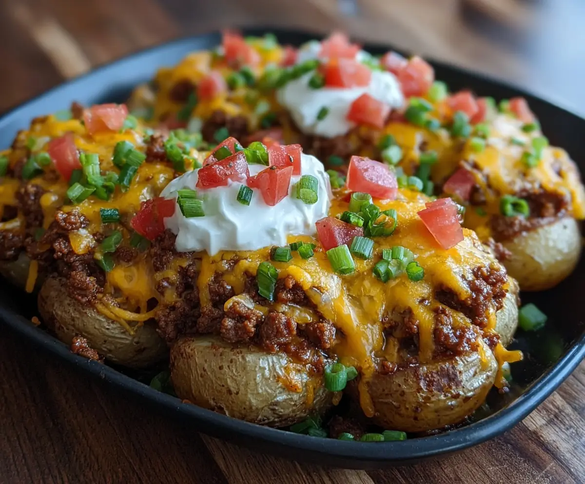 Delicious cheesy taco potatoes topped with melted cheese and fresh toppings, perfect for a flavorful meal.