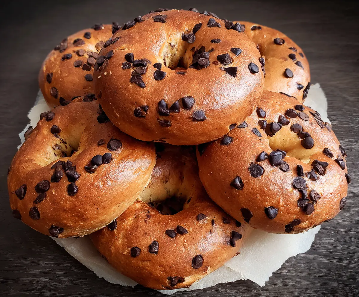 Delicious homemade chocolate chip bagels with gooey chocolate chips and a golden crust