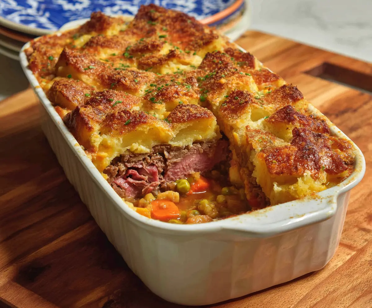 Delicious corned beef casserole topped with melted cheese and fresh herbs.