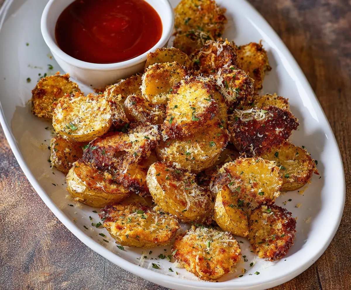 Golden brown crispy garlic Parmesan crusted potatoes served on a white plate.