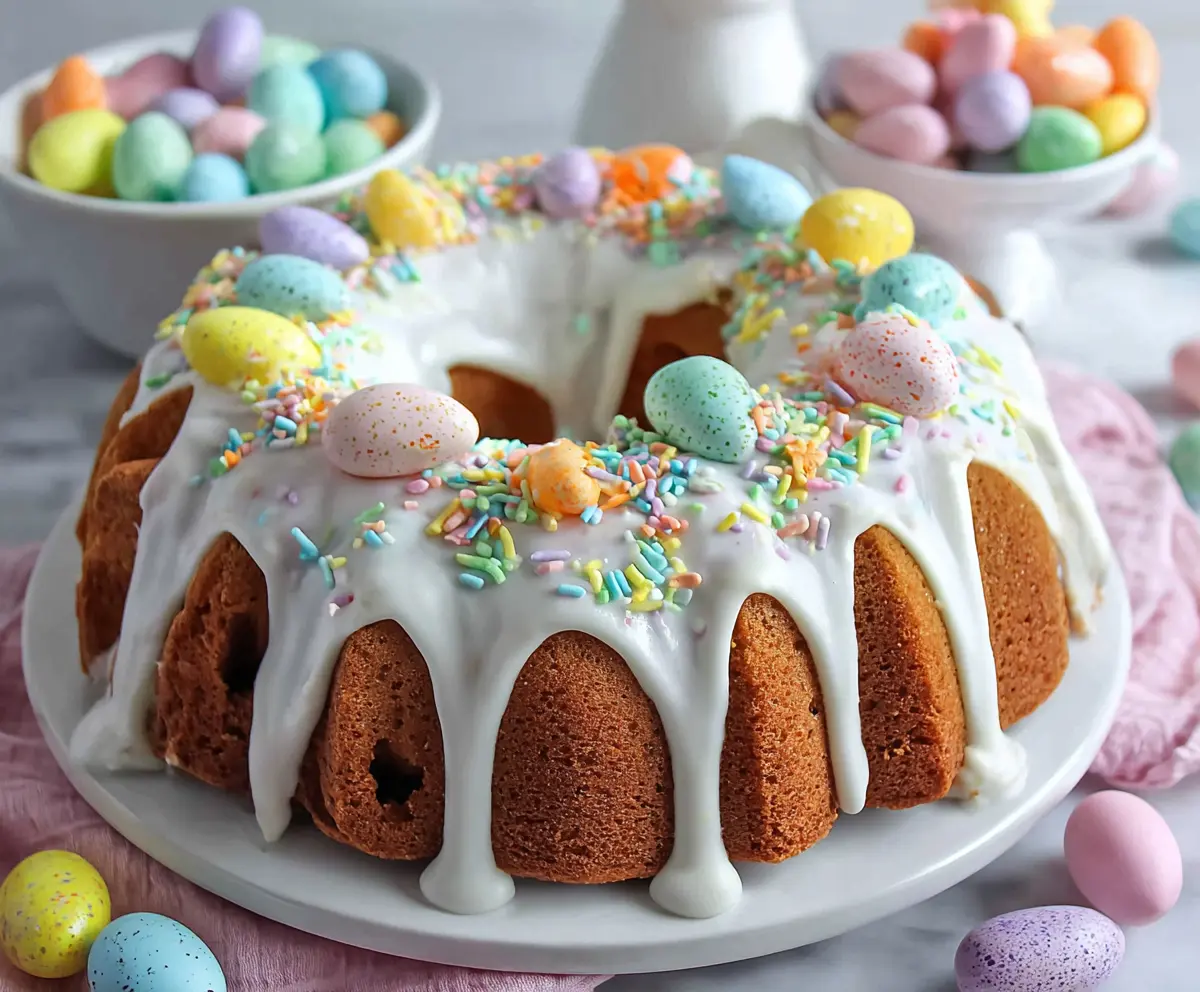 Delicious Easter Bundt Cake decorated with colorful icing and festive sprinkles.