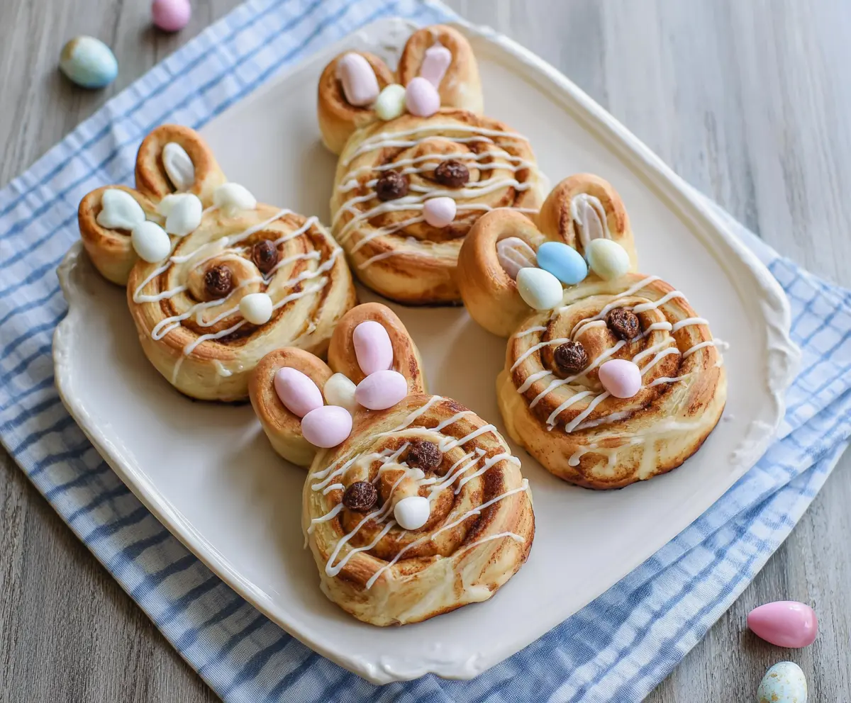 Easter Bunny Cinnamon Rolls with icing and colorful sprinkles on a festive table