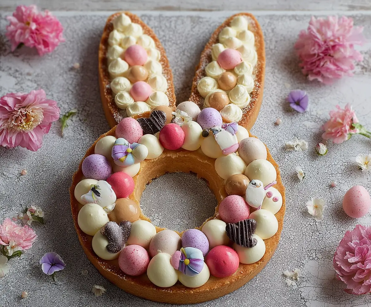 Easter Bunny Cream Tart with colorful decoration and creamy filling for a festive dessert