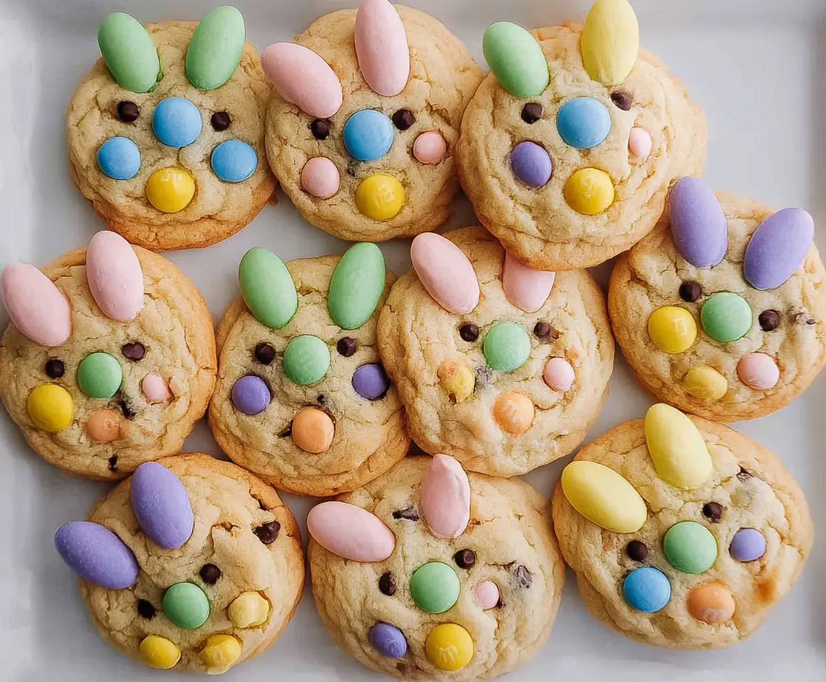 Delicious Easter Bunny M&M's Cookies decorated with colorful candies for Easter celebration