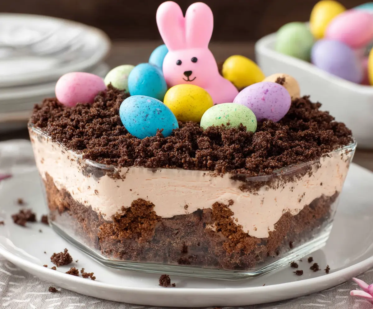 Delicious Easter Dirt Cake with layers of chocolate and festive decorations