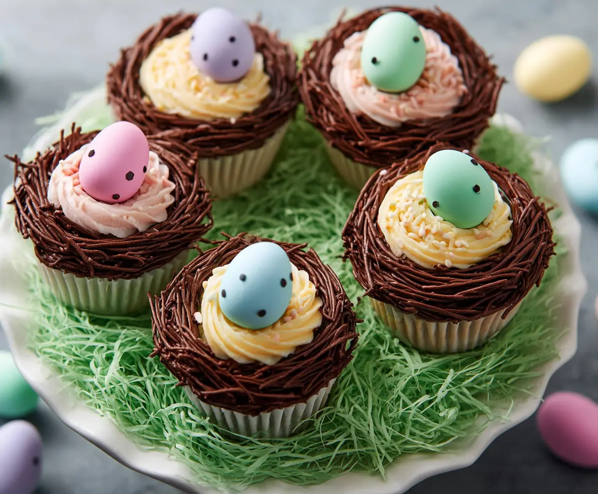 Delicious Easter Egg Nest Cupcakes decorated with colorful candies and icing for festive celebration.