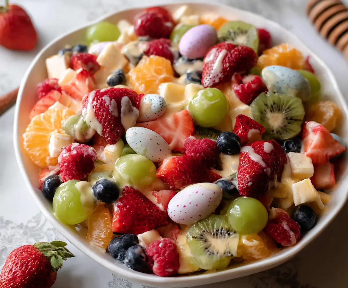 Colorful Easter fruit salad with fresh strawberries, grapes, and melons served in a festive bowl.