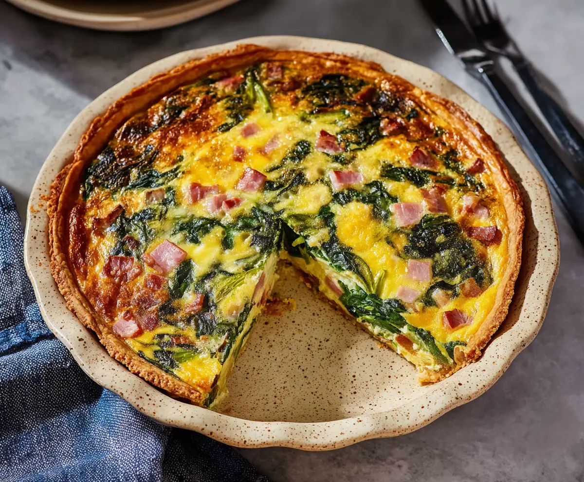 Easter ham and spinach quiche with flaky golden crust on a serving plate