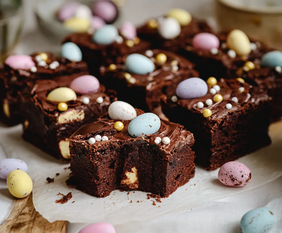 Delicious frosted Mini Egg Easter brownies with colorful toppings on a plate.