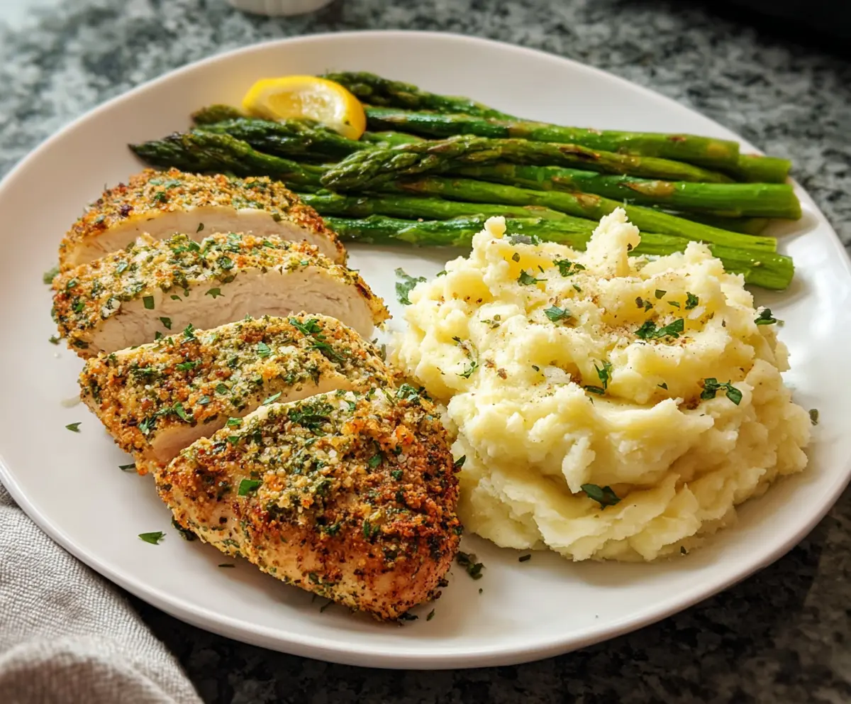 Plate of succulent garlic herb chicken served with creamy mashed potatoes and roasted asparagus for a delicious dinner.