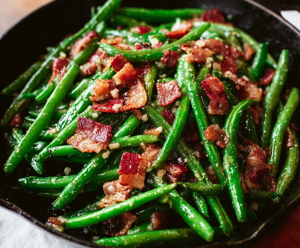 Delicious green beans cooked with crispy bacon for a savory side dish.