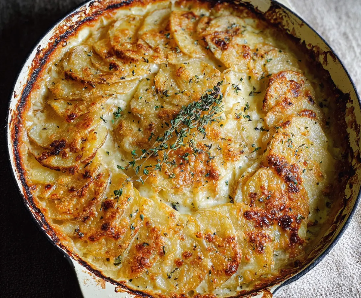 Creamy Gruyere Potato Gratin baked in a casserole dish with melting cheese and crispy edges.