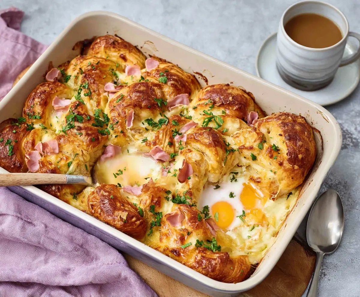 Delicious Ham and Cheese Croissant Brunch Bake topped with melted cheese and fresh herbs.