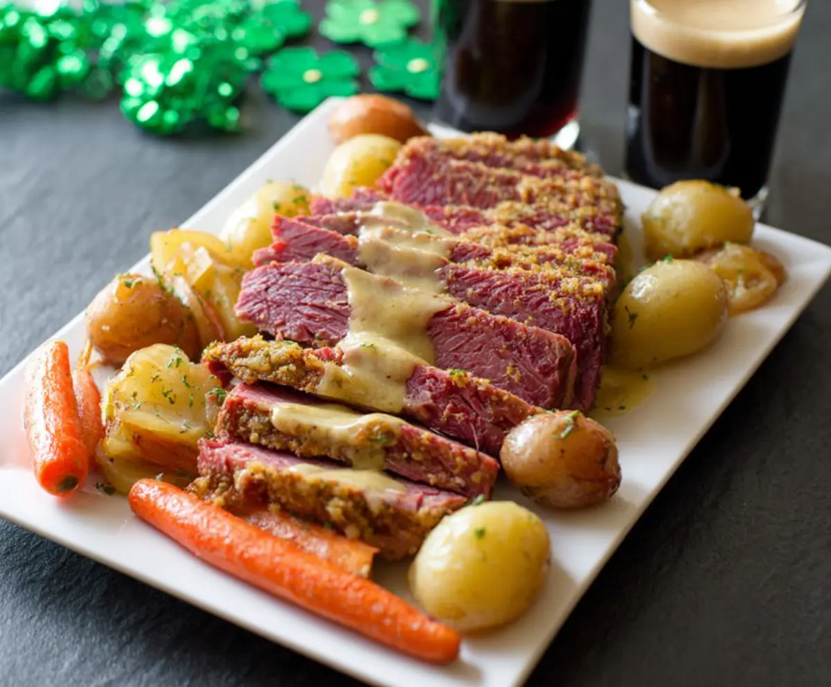 Delicious Instant Pot Corned Beef with Mustard Glaze served on a plate
