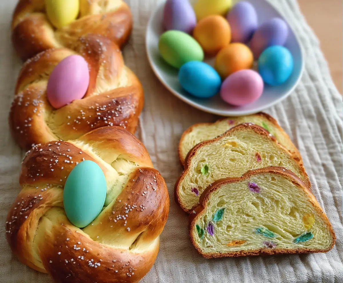 Delicious Italian Easter bread decorated with colorful eggs for a festive celebration.
