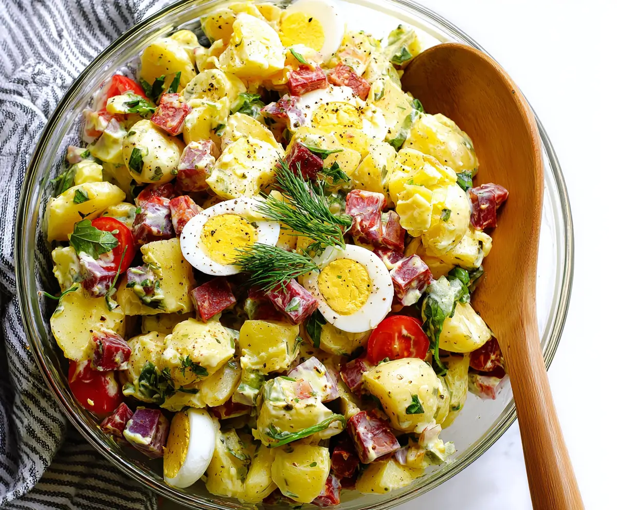 Italian Easter Potato Salad with fresh herbs and colorful vegetables on a festive table