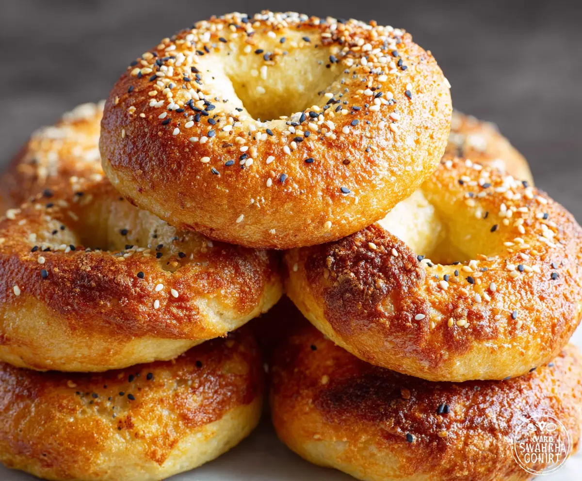 Delicious homemade keto bagels with a crisp golden crust and soft interior on a rustic wooden table.