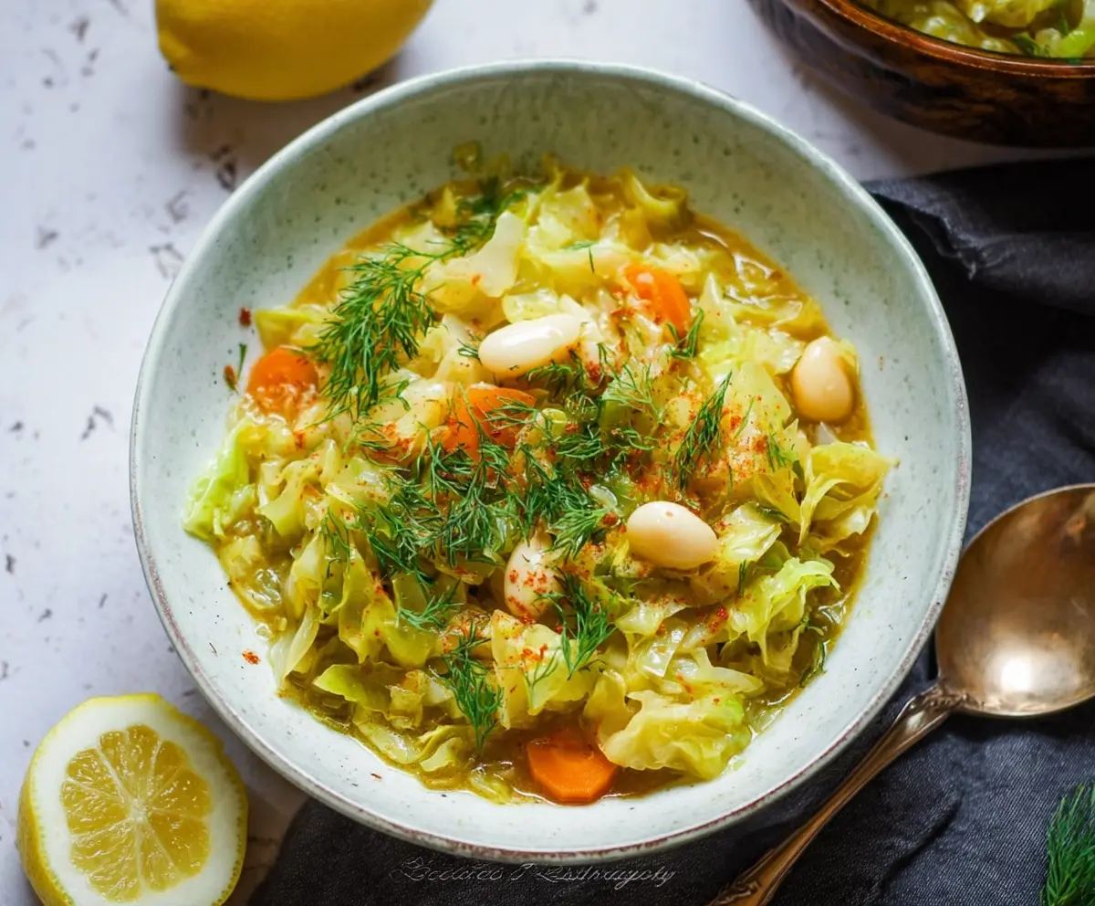Fresh Lemon Dill Cabbage Soup in a bowl, garnished with lemon slices and dill herbs.