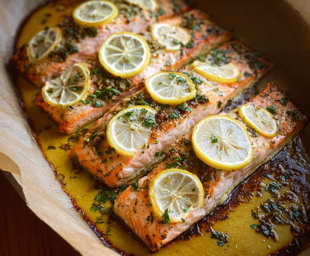 Grilled lemon herb salmon fillet garnished with fresh herbs on a white plate.