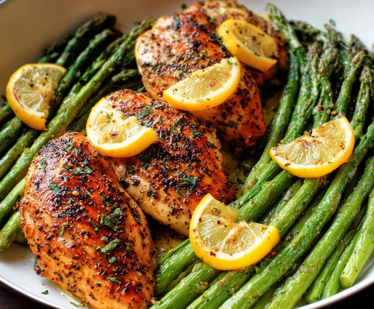 Delicious lemon pepper chicken served with fresh asparagus, perfect for a healthy dinner.