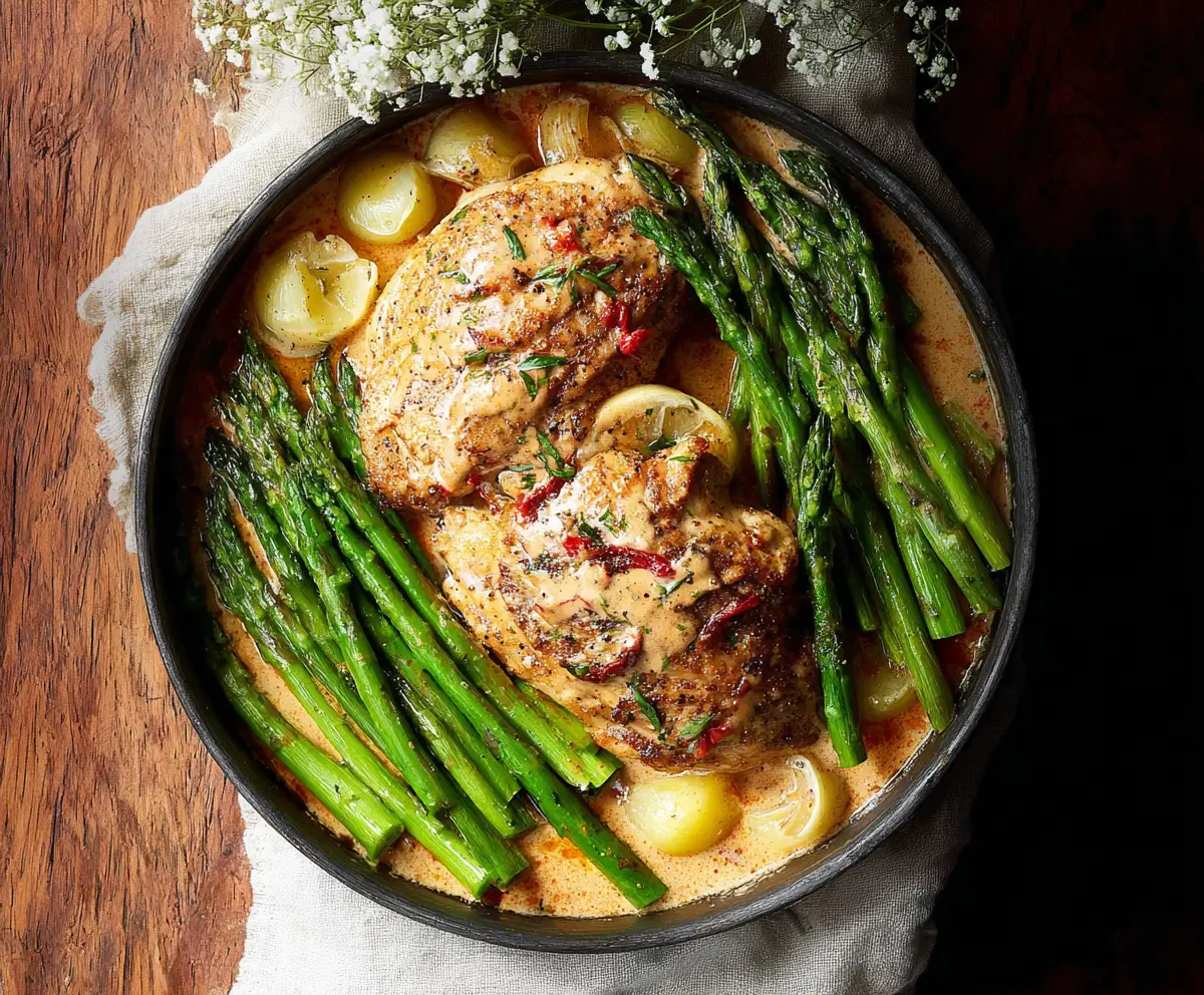 Delicious Marry Me Chicken served with fresh asparagus on a white plate.