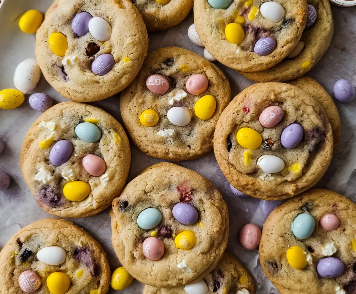 Delicious mini egg cookies with colorful candy coatings on a baking tray.
